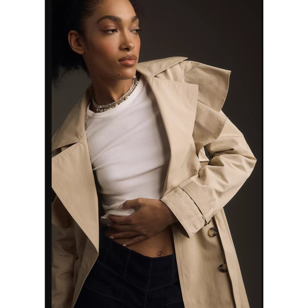 NWT Anthropologie Khaki Belted Trench Ruffled Coat - Size Large - Picture 4 of 5